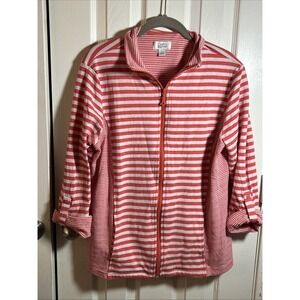 Croft & Barrow Top Pink Striped Zip Front Cozy Roll Tab Sleeve Women's L
